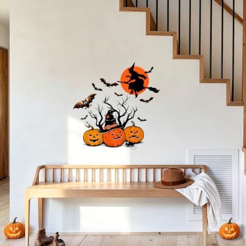 Halloween Pumpkin Witch Wall Decals Peel and Stick, Witch Jack O Lantern Wall Stickers, Removable Vinyl Spooky Wall Decor, Halloween Wall Art for Bedroom Living Room Window Decorations - Image 7