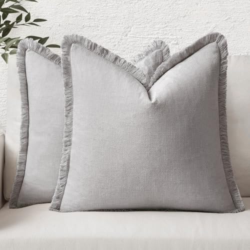 MIULEE Boho Linen Fringe Decorative Throw Pillow Covers Light Grey 18x18 by MIULEE