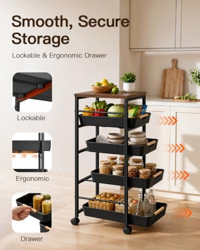 Pipishell Rolling Storage Cart with Drawers & Lockable Wheels, Black - Image 2