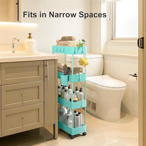 Pipishell 4 Tier Slim Storage Cart with Wheels, Laundry Cart, Turquoise - Image 3