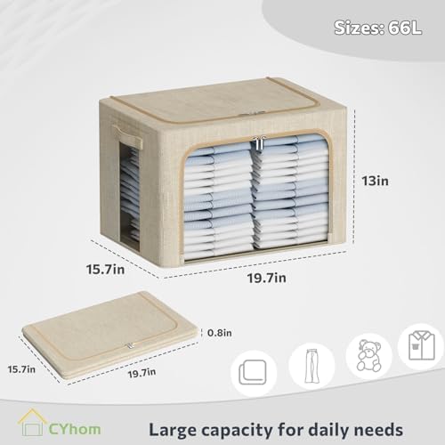 CYhom Clothes Storage Bins Box - Linen Fabric Foldable Stackable Container Organizer Set with Clear Window & Carry Handles & Metal Frame - 2Pack Large Capacity for Bedding, Blankets, Books - Image 6