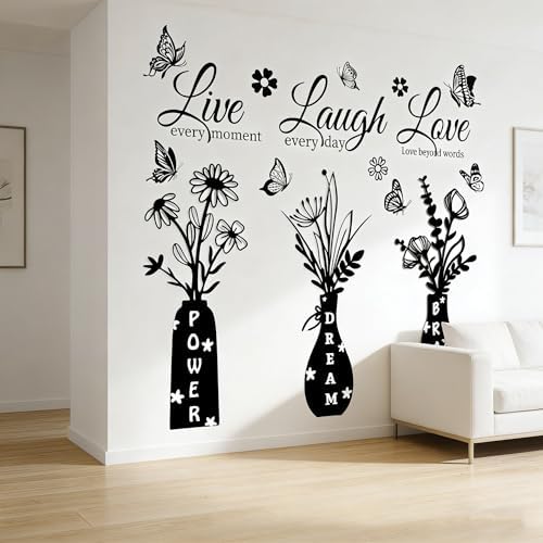 Live Laugh Love Wall Decal - Inspirational Quote with Floral Vase & Butterfly Stickers, Power Dream Brave Vinyl Wall Art for Living Room, Bedroom, Entryway, Home Decor - Image 4