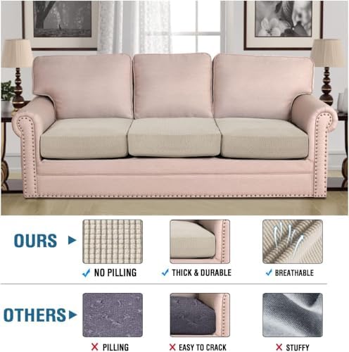H.VERSAILTEX Super Stretch Individual Seat Cushion Covers - Sofa & Couch Cushion Slipcover Sets - Thick Jacquard Textured Twill Fabric (3 Piece, Island Fossi) - Image 2