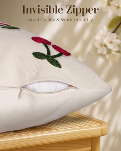 Embroidered Throw Pillow Cover 18x18 Inch - Spring Summer Boho Decorative Pillow Cover with Zipper for Living Room Couch Sofa Bed Aesthetic Design Little Cherry Cushion Pillowcase (Pack of 2) - Image 3