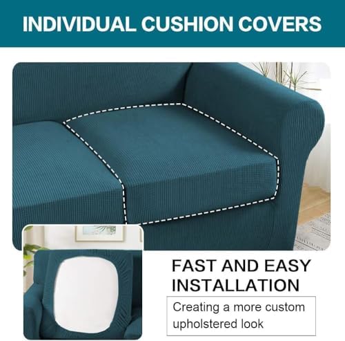 Turquoize 4 Piece Sofa Covers for 3 Cushion Couch Sofa Slipcover Soft Couch Cover for Dogs Washable Furniture Cover with 3 Individual Large Cushion Covers Feature Fabric (Large Sofa, Deep Teal) - Image 5