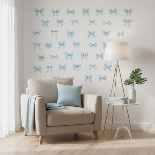 60Pcs Watercolor Bowtie Wall Stickers - Coquette Aesthetic Vinyl Decals for Room Decor in Light Pink, Sky Blue, Mint Green, Lavender Peel and Stick Nursery, Bedroom, Kindergarten Wall Art (Blue) - Image 7