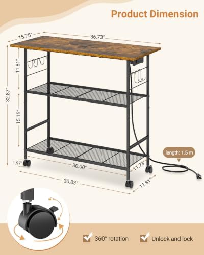 Kitchen Island with Power Outlet, Rolling Kitchen Cart with 6 Hooks and Protective Shelf, Microwave Stand on Lockable Wheels, Bakers Rack Coffee Bar for Dining, Living Room, Outdoor, Metal Frame - Image 2