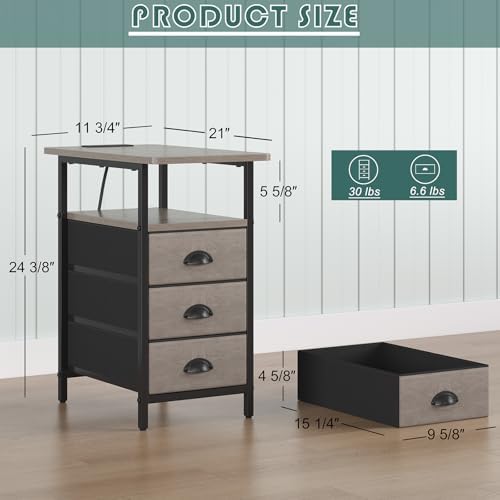 sthmec End Table with Charging Station, Side Tables Livingroom with USB Ports and Outlets,Narrow Nightstands Bedside Tables with 3 Drawers for Small Space,Slim Sofa Table Bedroom,Grey - Image 3