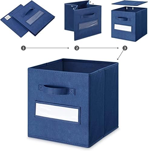 13x13x13 storage cube bins(Set of 8) Fabric storage cubes with 8 Labels Window Cards & a Pen, storage cubes 13x13, Collapsible 13 inch cube storage bins, Cubby Boxes, Navy Blue - Image 4