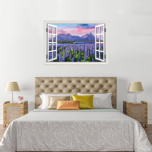 Fake Window Wall Decal- Mountain Lake Lavender Flower Open Wall Art Sticker | Faux Window Natural Scenery Landscape Mural｜Stick and Peel Wall Decals｜for Home Room Bedroom Office Scene Decor｜24"x16" - Image 4