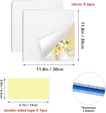 yuntop 2 Pack Self Adhesive Acrylic Mirror, 2MM Flexible Plastic Mirror, Shatterproof PS Frameless Wall Mirror for Bathroom Vanity and Entryway (12 x 12 inch) - Image 2