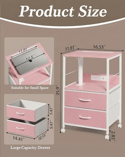 Faesun Swivel Lift Top Nightstand with Charging Station, Rolling Side Table for Recliner, Bedside Table with Wheels & 2 Fabric Drawers, for Small Spaces, for Bedroom, Living Room, Pink - Image 3