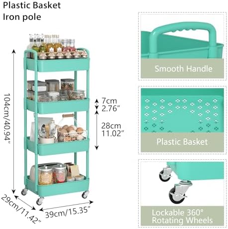 Sywhitta 4-Tier Plastic Rolling Utility Cart with Wheels for Storage,Green - Image 2