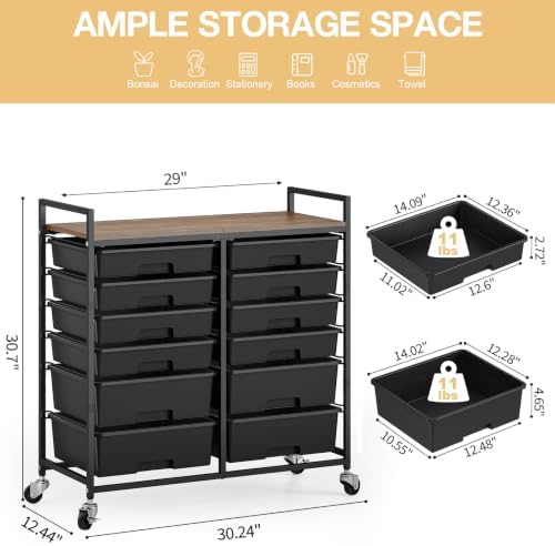 TOOLF 12 Drawers Rolling Storage Cart with Wooden Top for Classroom, Black - Image 3