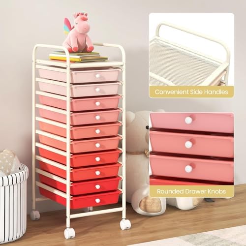 10-Drawer Rolling Storage Cart, Trolley w/Lockable 360° Wheels, 10 Removable PP Drawers, Sturdy Metal Frame, Rolling Utility Cart Perfect for Home, Office, Classroom (Mixed Pink) - Image 6