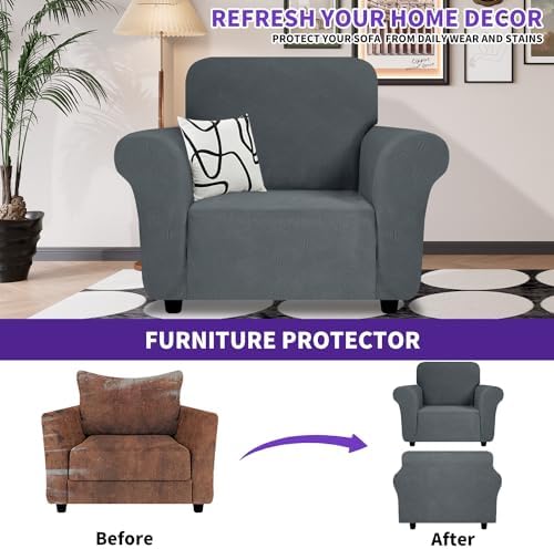 ZNSAYOTX Super Stretch Chair Slipcover (30"-47"), New Striped Sofa Chair Covers for Living Room, Dogs Pet Friendly Anti-Slip Chair Protector Spandex Armchair Slipcovers (Dark Grey, Chair) - Image 2