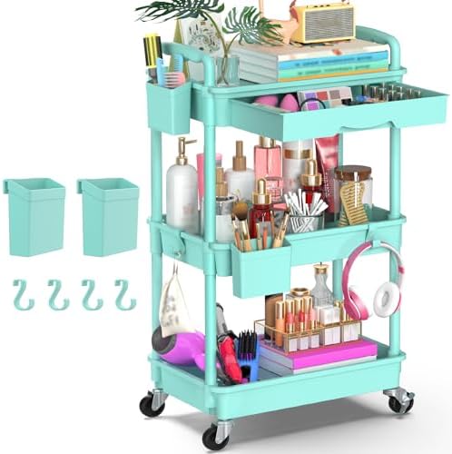 Goovilla 3 Tier Rolling Utility Cart Organizer with Removable Drawer, Blue by Goovilla