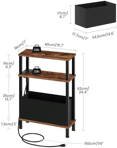 CHOEZON Set of 2 End Tables with Charging Station, Narrow Side Table for Small Spaces, Slim Nightstand with Basket, Skinny Bedside Table, for Living Room, Bedroom, Rustic Brown and Black TBZ07UP2BF - Image 3