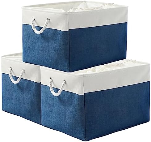 TheWarmHome Organization and Storage Basket for Shelves - Jumbo 3 Pack 20x16x14 inch Collapsible Storage Bins for Organizing, Canves Storage Cubes for Gift Organizer Toys Closet (White & Jean Blue) by TheWarmHome