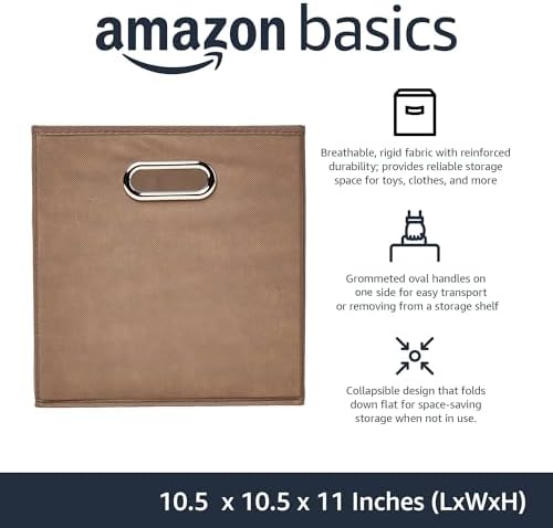 Amazon Basics Collapsible Fabric Storage Bins with Handle, Sturdy Space-Saving Cube Organizer, 10.5" x 10.5" x 11", Taupe, 6-Pack - Image 2