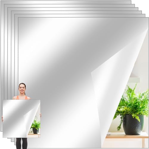 Queekay 6 Pcs Home Gym Mirrors 24'' x 24'' Acrylic Wall Mirror Tiles Sheets 2mm Thick Self Adhesive Frameless Wall Mounted Decor for Workout Bedroom Ceiling by Queekay