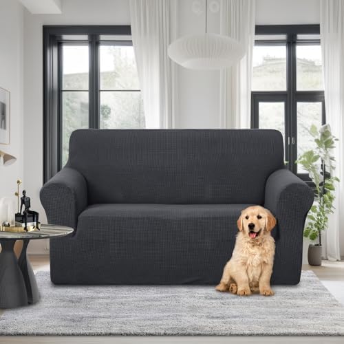 U-NICE HOME Loveseat Cover Stretch Couch Cover Sofa Slipcover, Dark Grey - Image 2