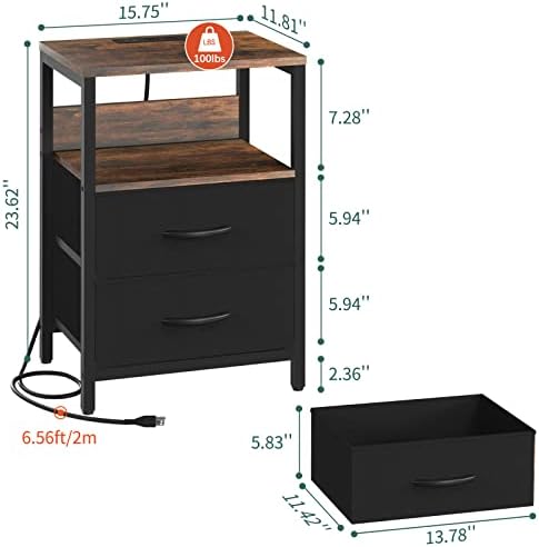 Yoobure Nightstand with Charging Station, Small Night Stand with Fabric Drawers and Storage Shelf for Bedrooms, Nightstands for Small Spaces, Bedside Table with USB Ports & Outlets, Bed Side Table - Image 3
