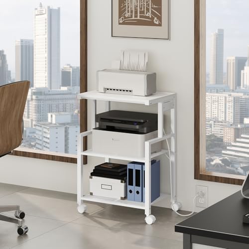 MAHANCRIS Mobile Printer Stand, 3-Tier Industrial Printer Cart with 2 AC Outlets and 2 USB Ports, Rolling Printer Table on Wheels for Home Offices Kitchen Organization Rack, White PTWT78E01 - Image 2