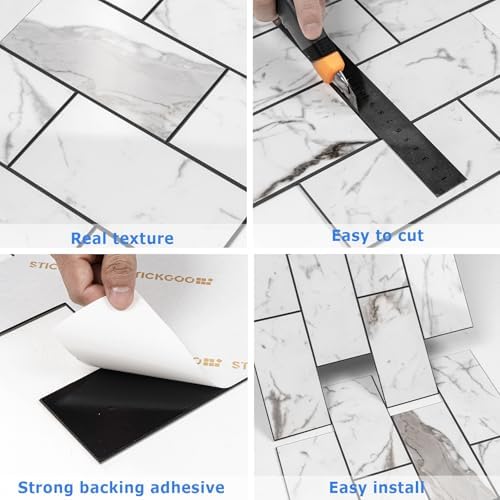 STICKGOO Subway Tile Peel and Stick Backsplash, Glossy White Marble PVC Self Adhesive Tile Backsplash, Stick on Tile for Kitchen and Bathroom(10 Sheets) - Image 6