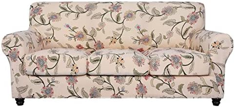 SearchI Stretch Sofa Cover Printed Couch Cover, Floral Pattern 4 Pieces Sofa Slipcover with 3 Separate Cushion Cover, Washable Furniture Protector for Living Room(Sofa, Yellow+Flower) by SearchI