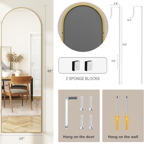 48"x 14" Arched Full Length Door Mirror, Full Body Mirror, Gold - Image 6