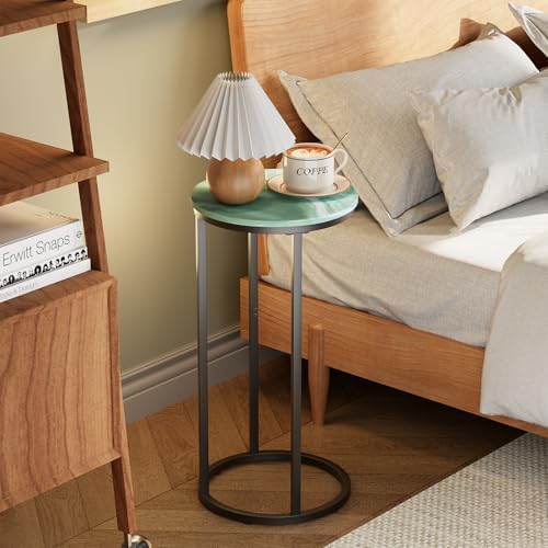 C Shaped end Table,Wood Round Side Table for Couch,Small Sofa Table with Metal Frame for Bedroom,Living Room,Bedside,Sea Blue(11.81" D x 11.81" W x 23.62" H) - Image 6