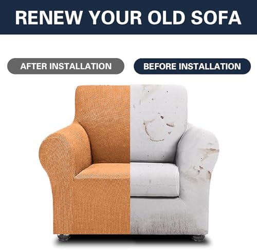 Cupuamon 2026 New Stretch Chair Sofa Slipcovers Couch Cover for 1 Seater Furniture Protector Sofa Covers with Elastic Bottom Jacquard Fabric Small Checks for Pets, Kids - Golden - Image 5