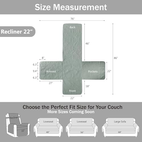 Quilted Recliner Covers, Water-Repellent Recliner Slipcovers, Recliner Covers Stay in Place, Pet Friendly Recliner Cover for Dogs, Washable Chair Protector (Recliner 22", Sage Blue) - Image 6