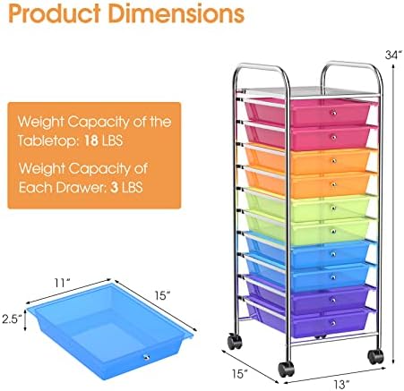 MEDIMALL 10 Drawers Rolling Storage Cart, Multipurpose Craft Storage Cart with Wheels, Mobile Tools Scrapbook Paper Organizer Cart for Office School Home Use (Rainbow) - Image 3