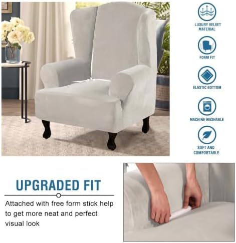 H.VERSAILTEX Wingback Chair Covers Velvet Plush Wing Chair Slipcover 1 Piece High Stretch Wing Back Chair Slipcovers Sofa Cover Furniture Cover with Elastic Bottom, Oatmeal - Image 4