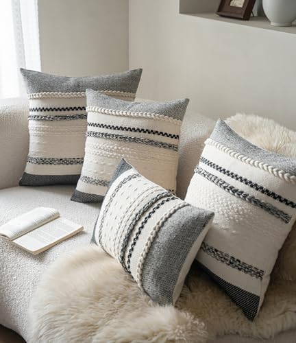 Cethom Boho Throw Pillow Covers 20x20 Inch Set of 2, Black Textured Decorative Couch Pillow Cases for Farmhouse Home Decor, Accent Cushion Cover for Sofa, Bed, Living Room, Bedroom - Image 3