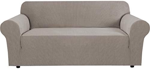 H.VERSAILTEX Stretch Sofa Covers for 3 Cushion Couch Slip Covers for Sofas/Couches Feature Thick Checked Jacquard Fabric with Elastic Bottom, Sofa Large - Taupe by HVERSAILTEX