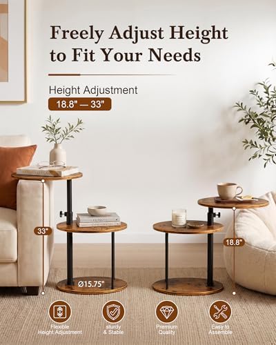 Faesun Swivel Round Table for Couch Arm, Height Adjustable C Shaped End Table for Recliner or Bed, Tv Trays with Storage Shelf for Small Spaces- Small Nightstand for Living Room, Bedroom, Rustic - Image 6