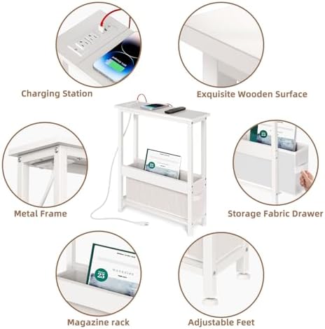 BAMGROW Slim Charging End Table with Storage - for Small Spaces and Bedroom (White) - Image 3