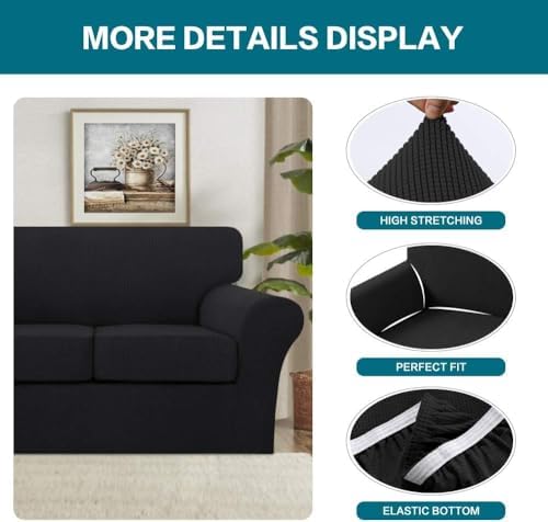 Turquoize 4 Piece Sofa Covers for 3 Cushion Couch Sofa Slipcover Soft Couch Cover for Dogs Washable Furniture Cover with 3 Individual Large Cushion Covers Feature Fabric (Large Sofa, Black) - Image 4