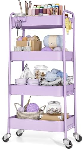 TOOLF 4 Tier Metal Rolling Cart, Utility Storage Cart with Wheels, Purple | Screwless Assembly, Lockable Metal Wheels, Trolley Organizer for Bathroom, Kitchen, Office, Dorm, Laundry, Craft Room by TOOLF