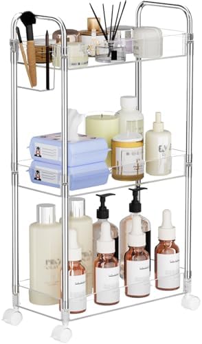 SPACEKEEPER 3 Tier Acrylic Storage Rolling Cart Clear Bathroom Cart Organizer, Transparency Laundry Room Organization Mobile Shelving Unit Multifunction Rolling Utility Cart for Office Living Room by SPACEKEEPER