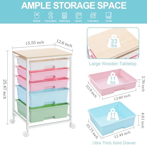 SYKIARIOL Utility Cart with 5 Drawers with Wooden Top, Rainbow - Image 3