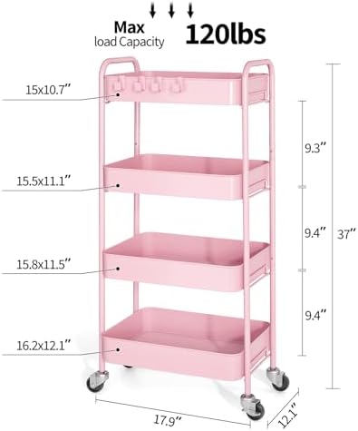 TOOLF 4 Tier Metal Rolling Cart, Utility Storage Cart with Wheels, Pink | Screwless Assembly, Lockable Metal Wheels, Trolley Organizer for Bathroom, Kitchen, Office, Dorm, Laundry, Craft Room - Image 2