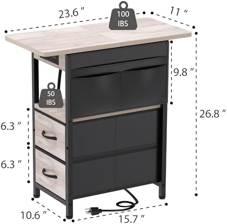 Yenlure Small Side Table with Charging Station, Narrow Nightstand Bedside Tables with Storage Pocket for Living Room Bedroom, Sofa End Table with USB Ports and Power Outlets for Small Spaces, Greige - Image 3