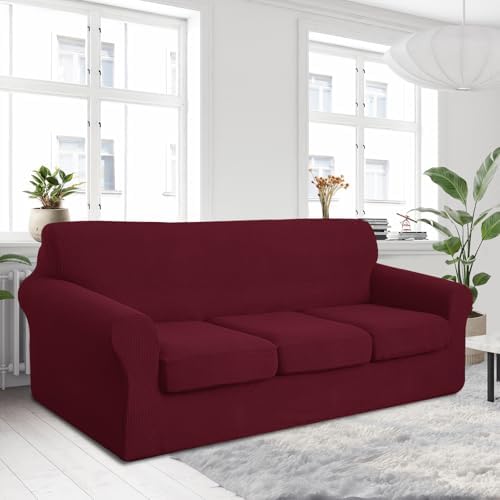 U-NICE HOME 4 Pieces Oversized Stretch Couch Cover Slipcover, Burgundy - Image 2