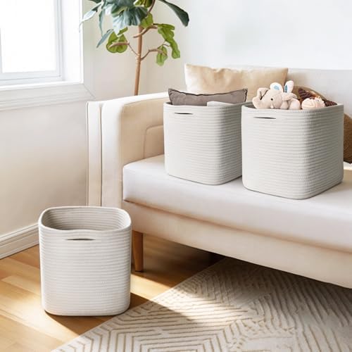 11x11x11 Cube Storage Bin - 3 Pack Woven Storage Cubes Organizer, 11 Inch White Cotton Rope Baskets for Organizing, Square Baskets for Shelves, Nursery Closet Bins, Cubby Toy Box Organizer - Image 6