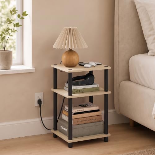 Furinno Just 3-Tier Night Stand with Charging Station, Natural Oak - Image 2
