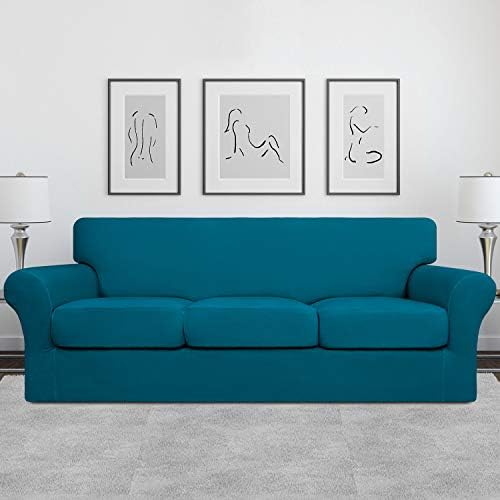 Easy-Going 4 Pieces Stretch Soft Couch Cover for Dogs - Washable Sofa Slipcover for 3 Separate Cushion Couch - Elastic Furniture Protector for Pets, Kids (Sofa, Peacock Blue, Large) - Image 2